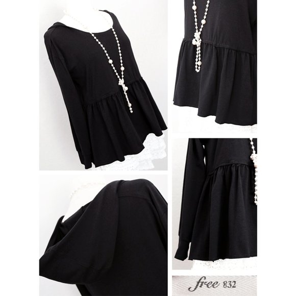 Black Hooded Babydoll Peplum Pullover Cotton Top - Picture 4 of 8